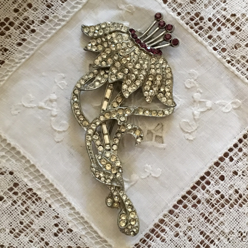 Vintage Art Nouveau Pave' Rhinestone Flower Pin